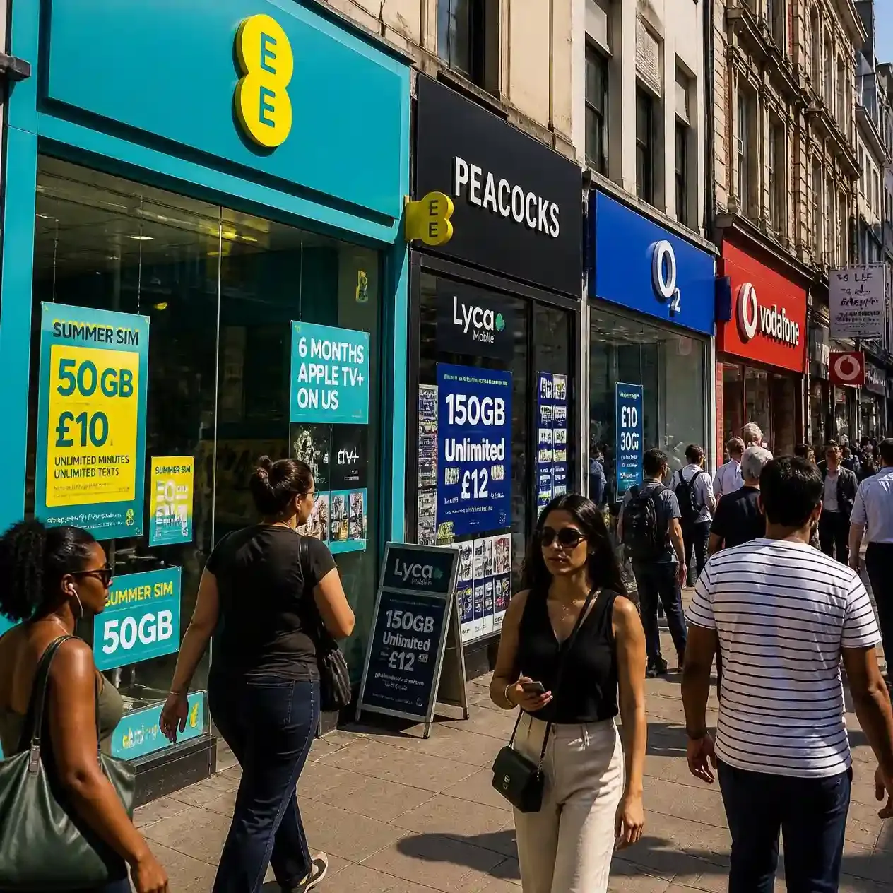 High-street mobile network stores in London displaying prepaid SIM card and data plan offers