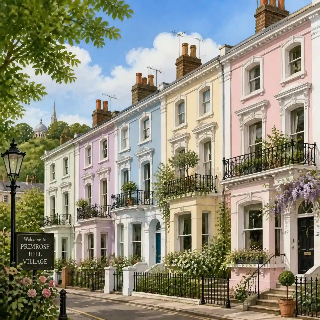 Pastel-coloured Victorian terraced houses on a residential street in Primrose Hill village London