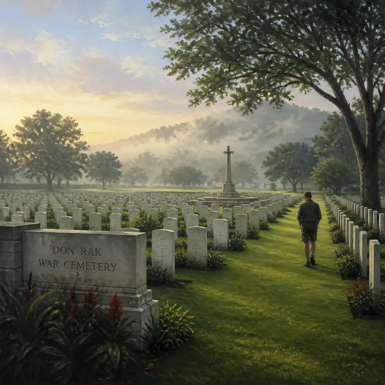 Neat rows of bronze headstones and manicured lawn at Don Rak Kanchanaburi War Cemetery, Thailand