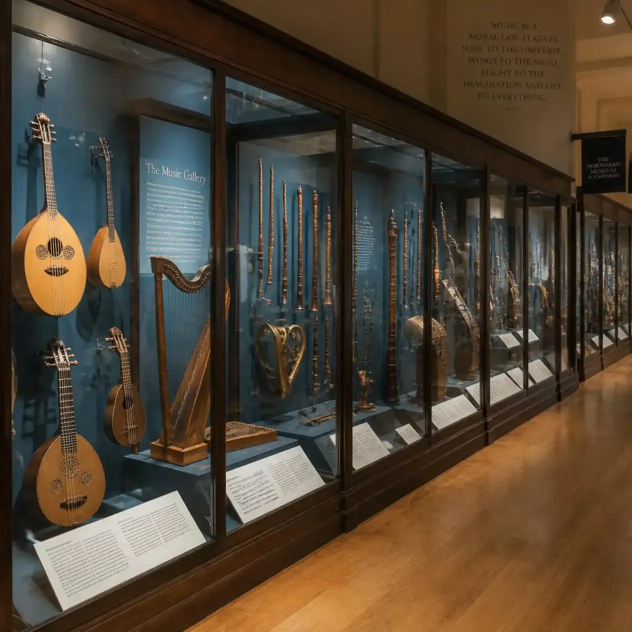 Historic musical instruments displayed in glass cases in the Music Gallery at the Horniman Museum in London