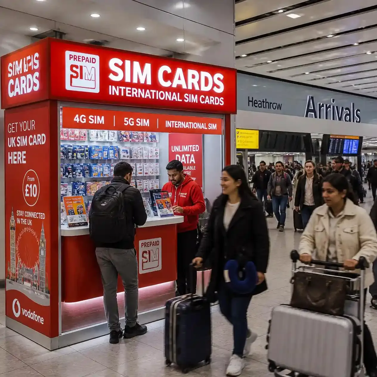 SIM card kiosk in a London airport arrivals hall as travellers walk past with luggage