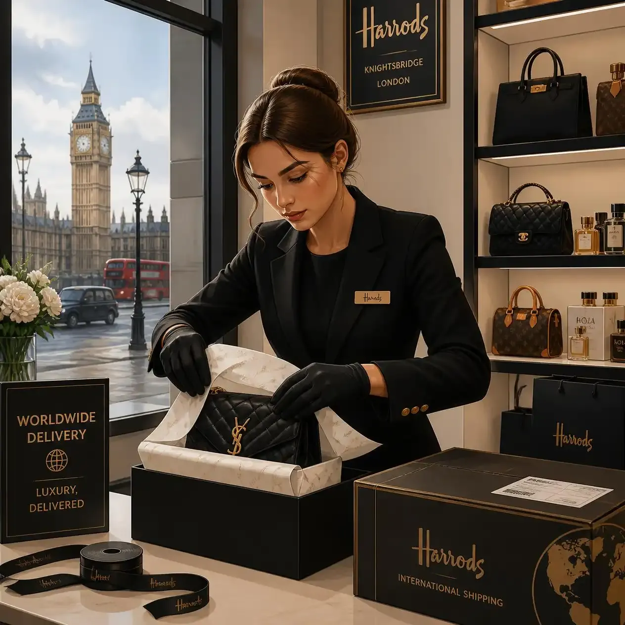 Store assistant packing a purchase for international shipping under the direct export route for tax-free shopping in London