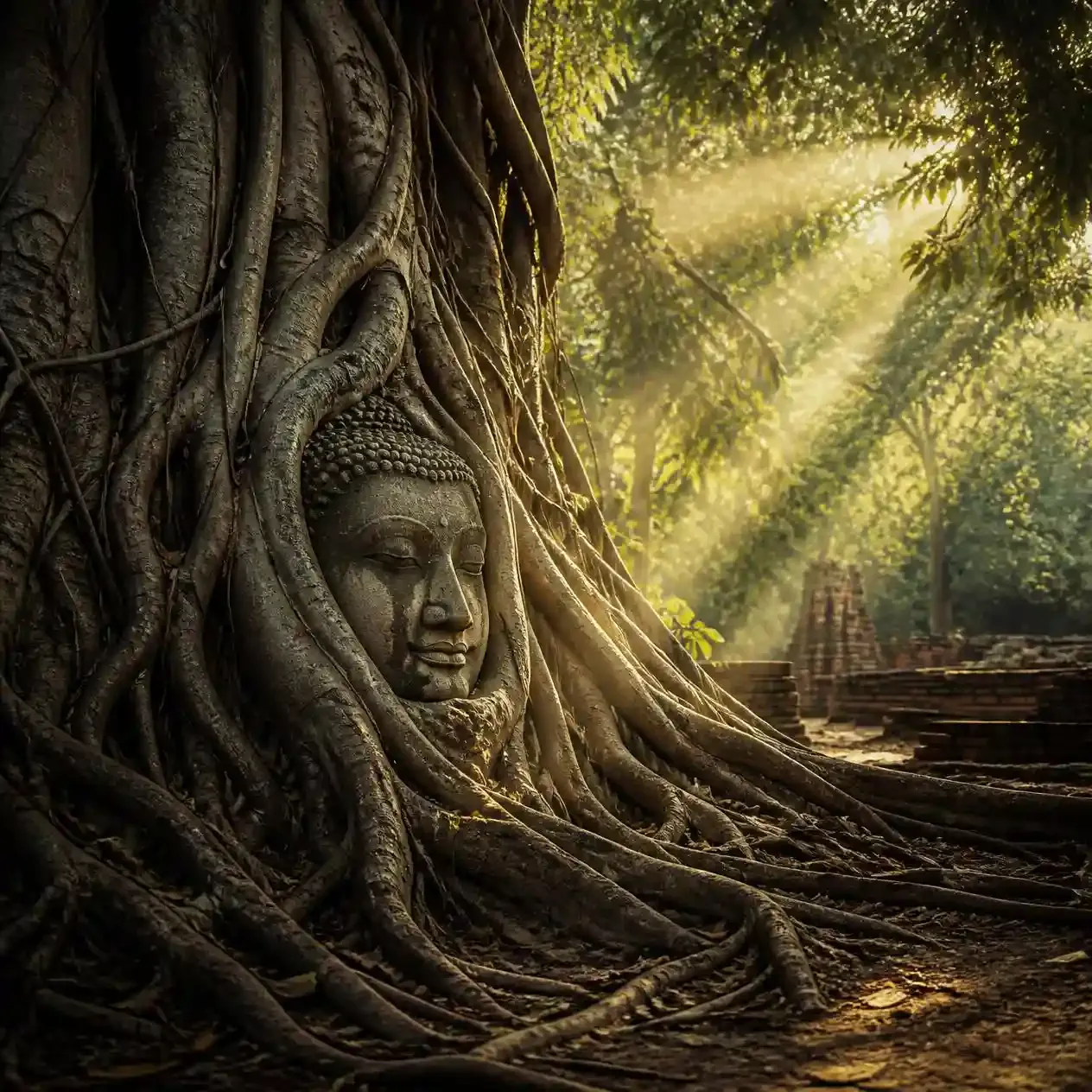 Sandstone Buddha head entwined in the roots of a banyan tree at Wat Mahathat in Ayutthaya Historical Park Thailand