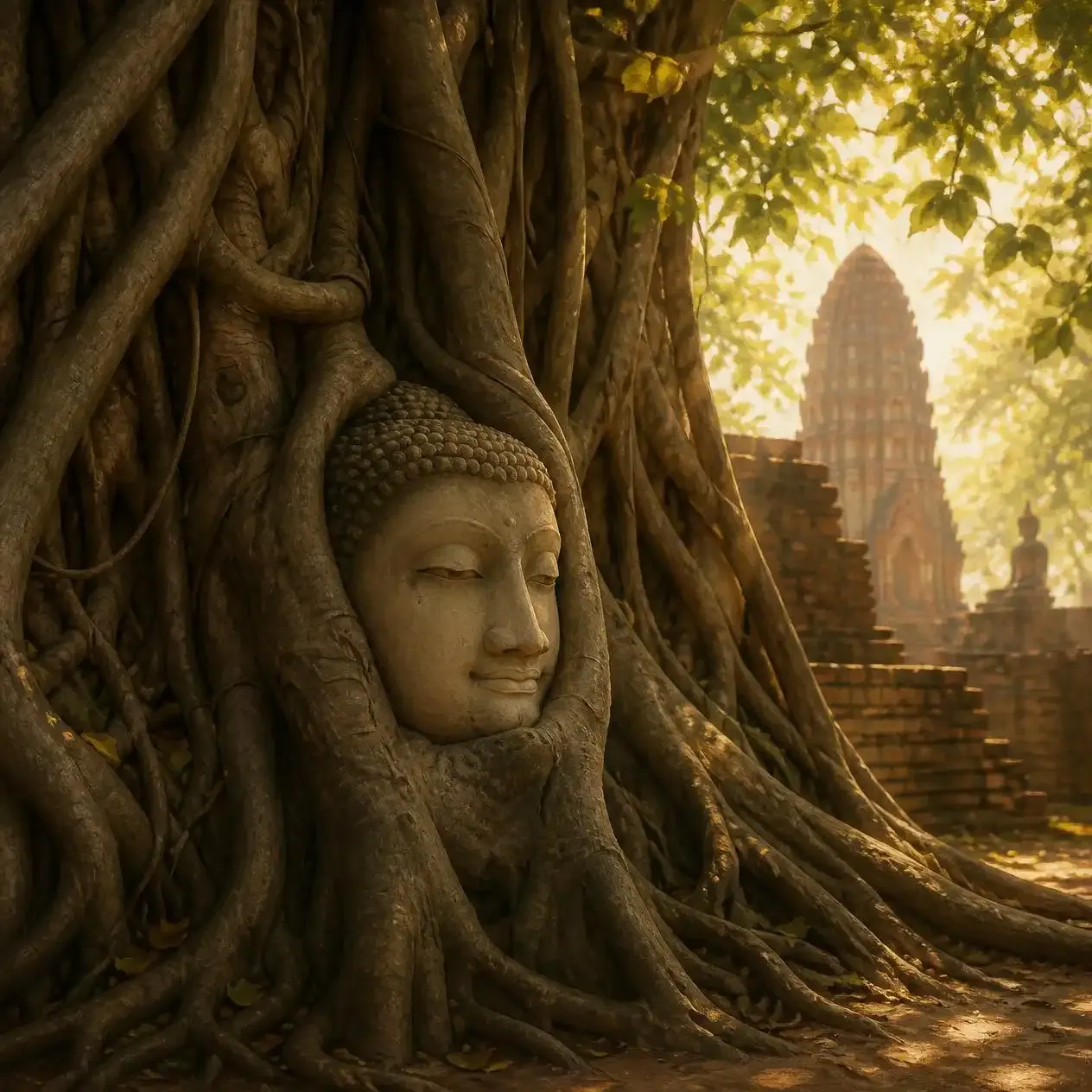 Sandstone Buddha head entwined in banyan tree roots at Wat Mahathat in Ayutthaya Historical Park Thailand