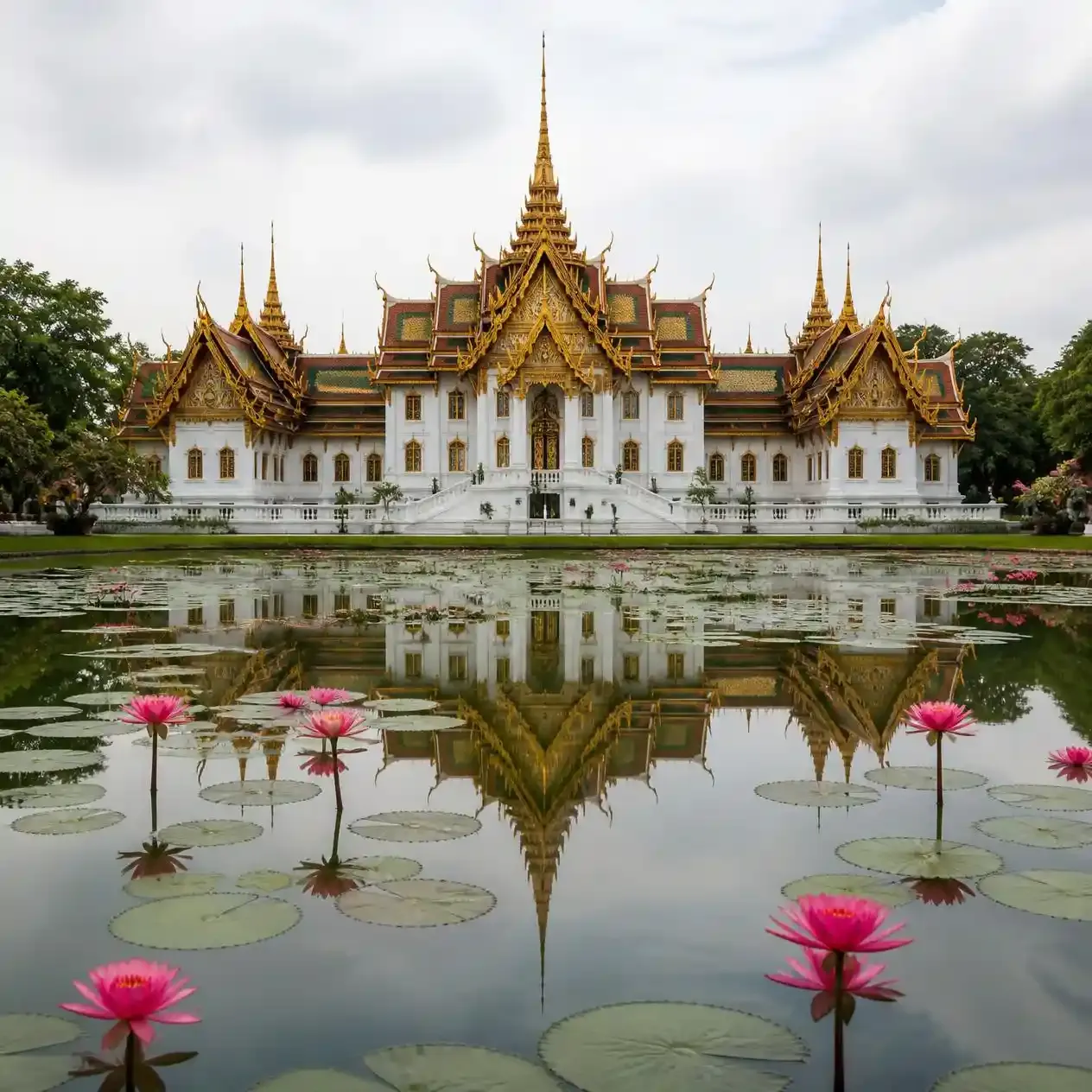 Golden-roofed Sanphet Prasat Palace replica reflected in a lotus pond at Ancient Siam in Samut Prakan near Bangkok