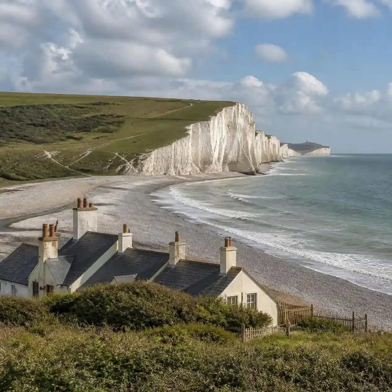 The white chalk cliffs of the Seven Sisters seen from Seaford Head with coastguard cottages, East Sussex