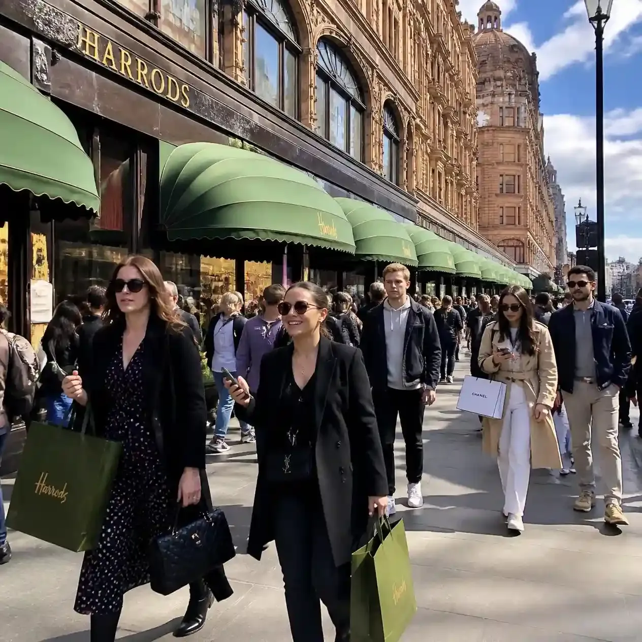 Shoppers with luxury shopping bags outside Harrods in Knightsbridge, a key stop for tax-free shopping in London