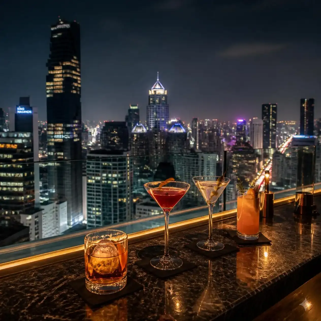 Rooftop bar in Silom overlooking the lit Bangkok skyline at the end of a Bangkok tuk tuk night tour