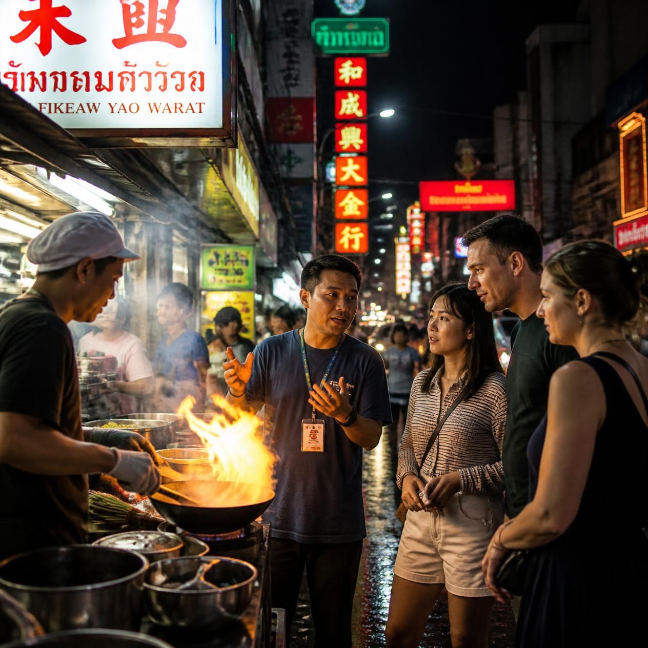 A small group with a local guide watching a vendor cook at a wok stall during a Yaowarat street food tour in Bangkok