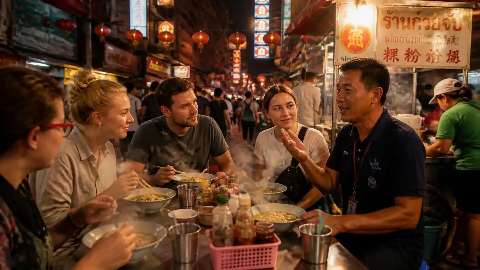 Small guided group sampling noodles with a local guide at a Chinatown stall during an evening food tour in Bangkok