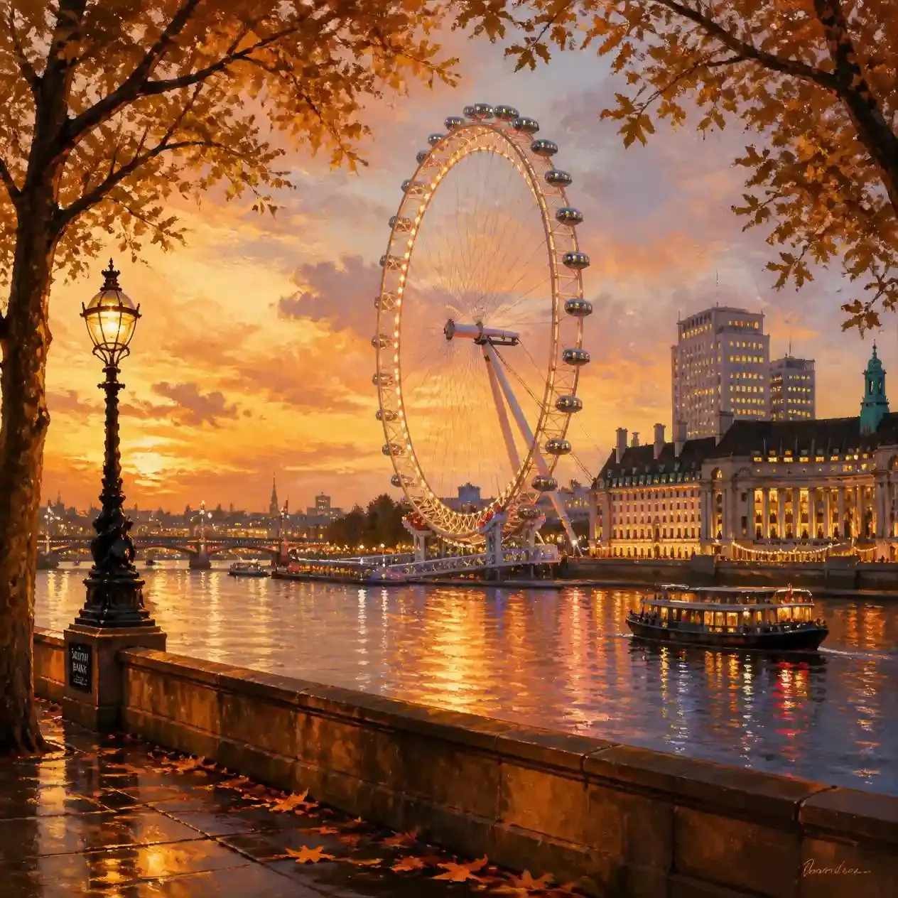 View across the Thames to the London Eye and South Bank at golden hour, the best time to visit London for soft autumn light