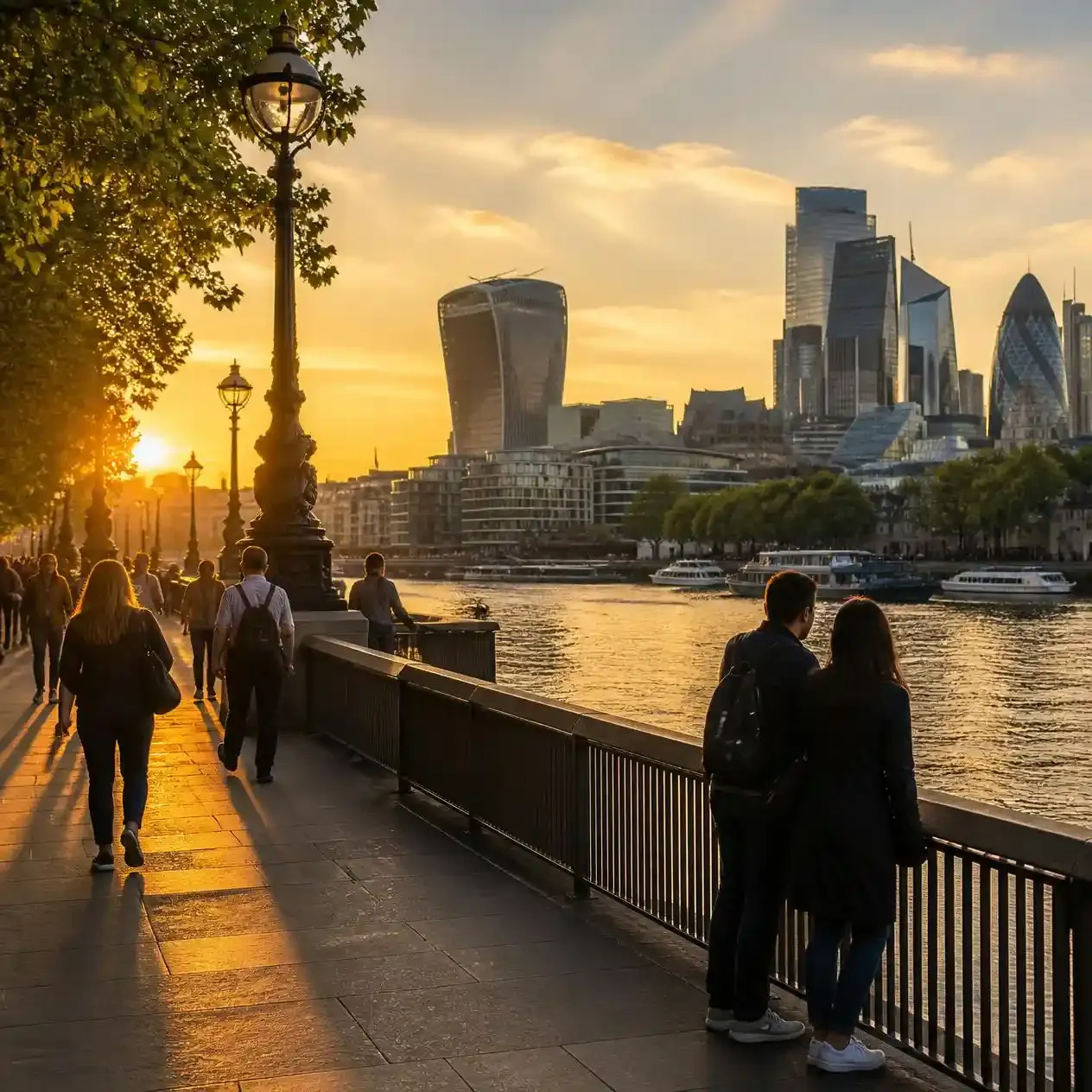 South Bank riverside in London at golden hour, a central and better-value area for the best hotels in London