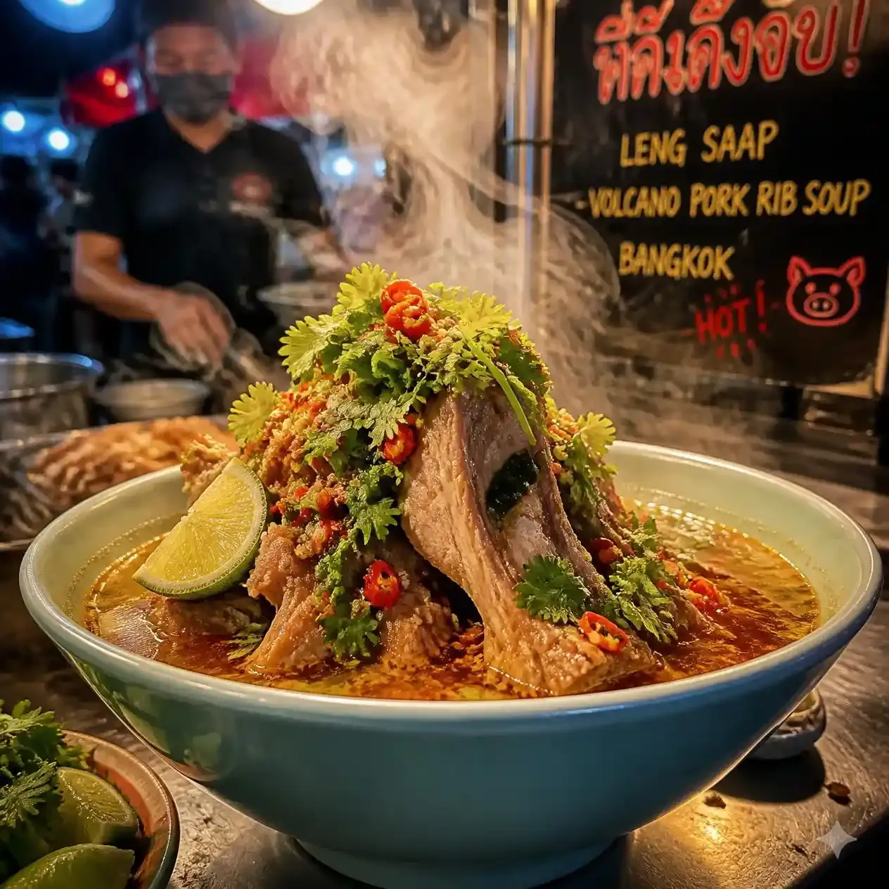Steaming pile of Leng Saap volcano pork ribs topped with herbs and lime at the Jodd Fairs night market in Bangkok