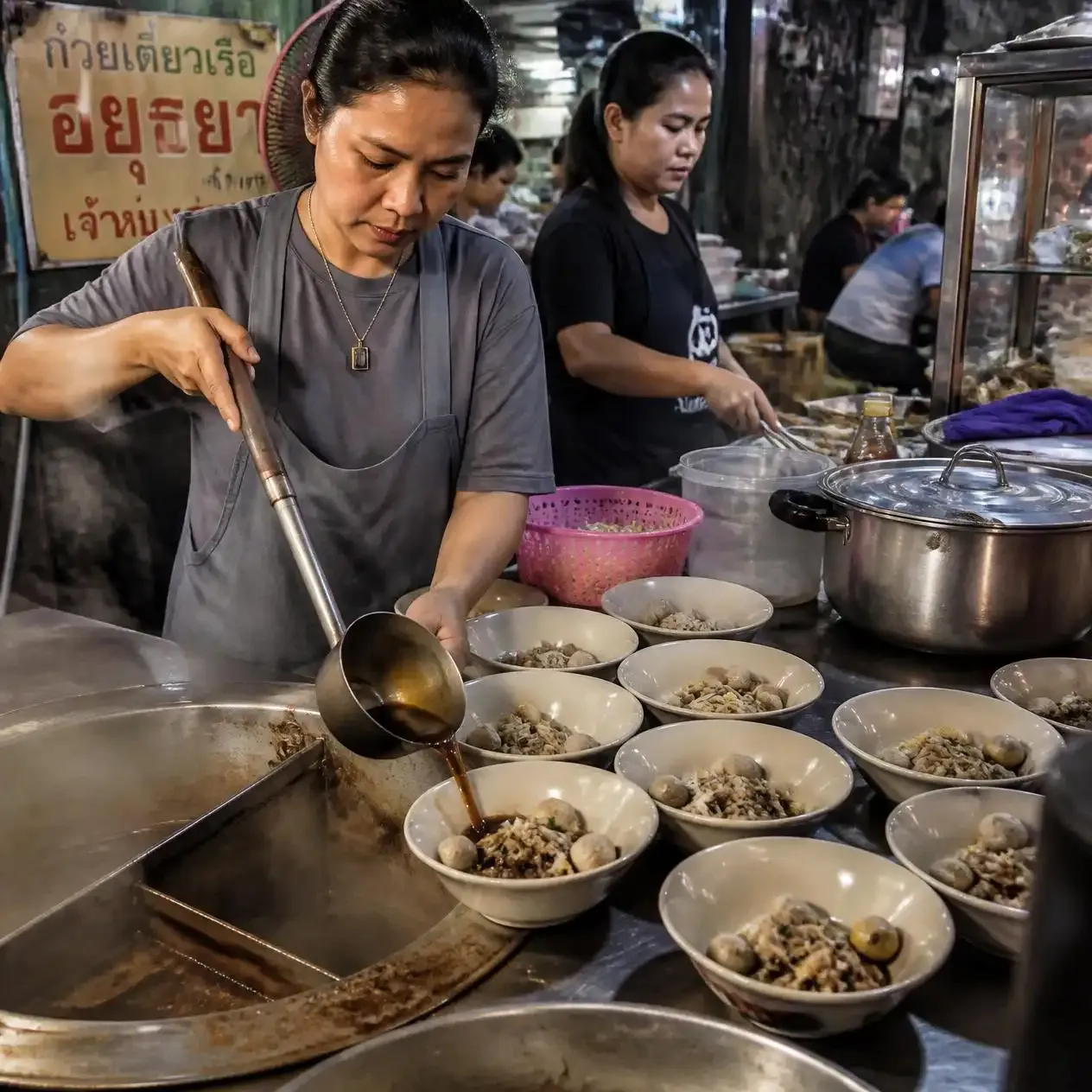 Vendor ladling dark broth into small bowls of boat noodles at a street food stall near Victory Monument in Bangkok