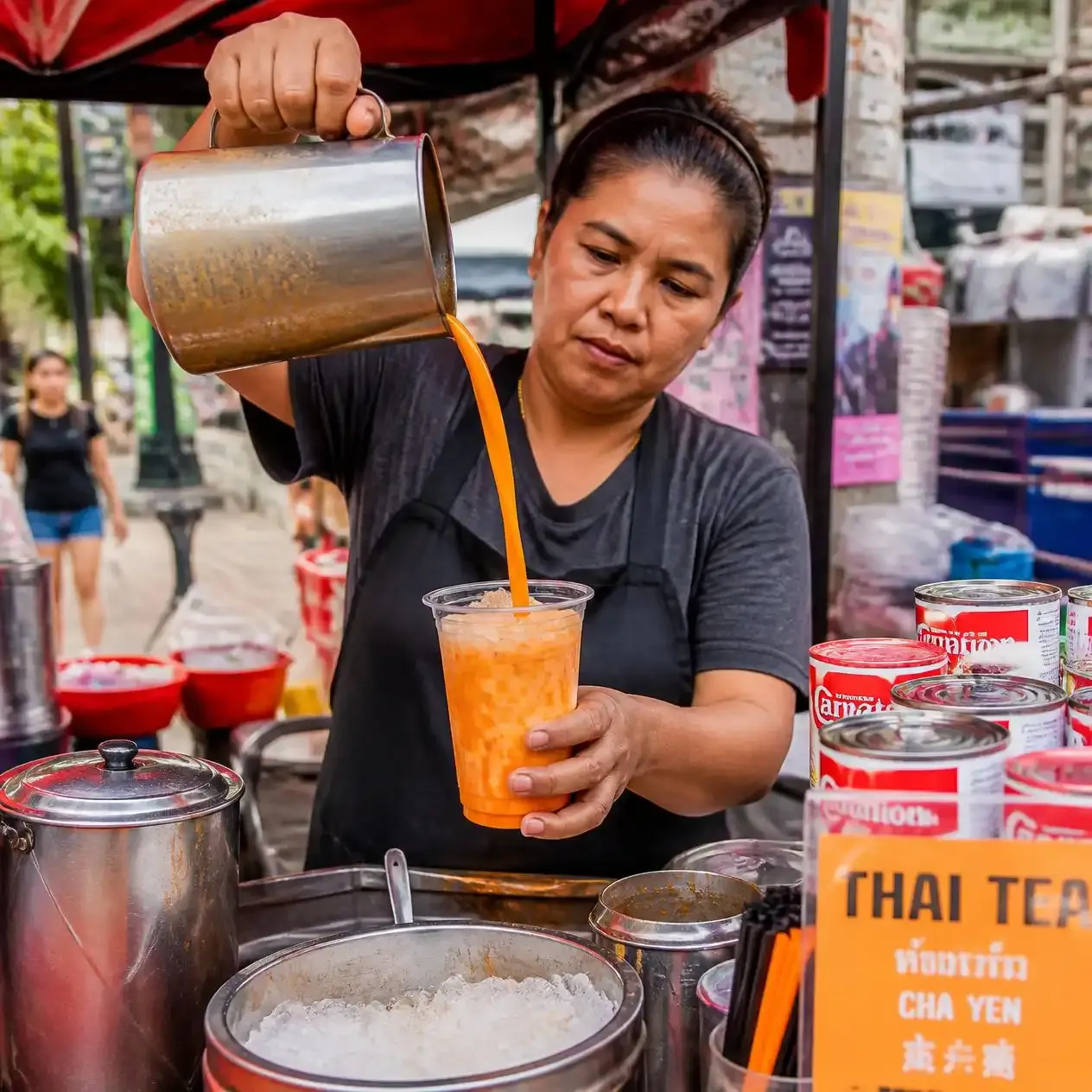 Bangkok street vendor pouring orange cha yen Thai iced tea over crushed ice at a market drinks cart
