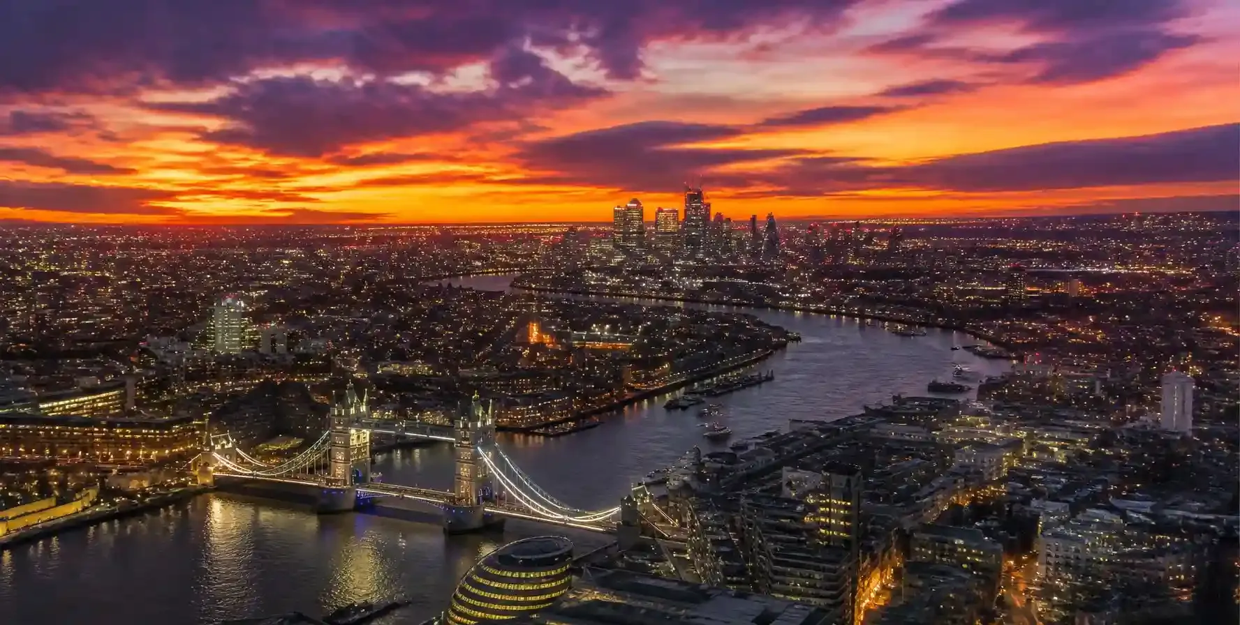 Sunset panorama over the City of London and the River Thames seen from The View from The Shard viewing platform
