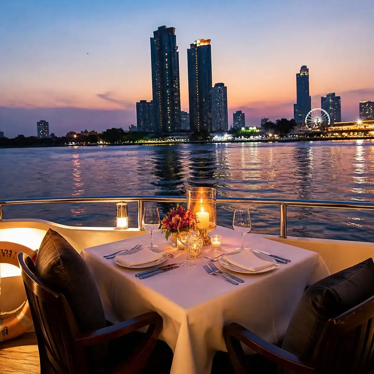 Candlelit table for two on the open deck of a Chao Phraya dinner cruise with the lit Bangkok skyline behind at night
