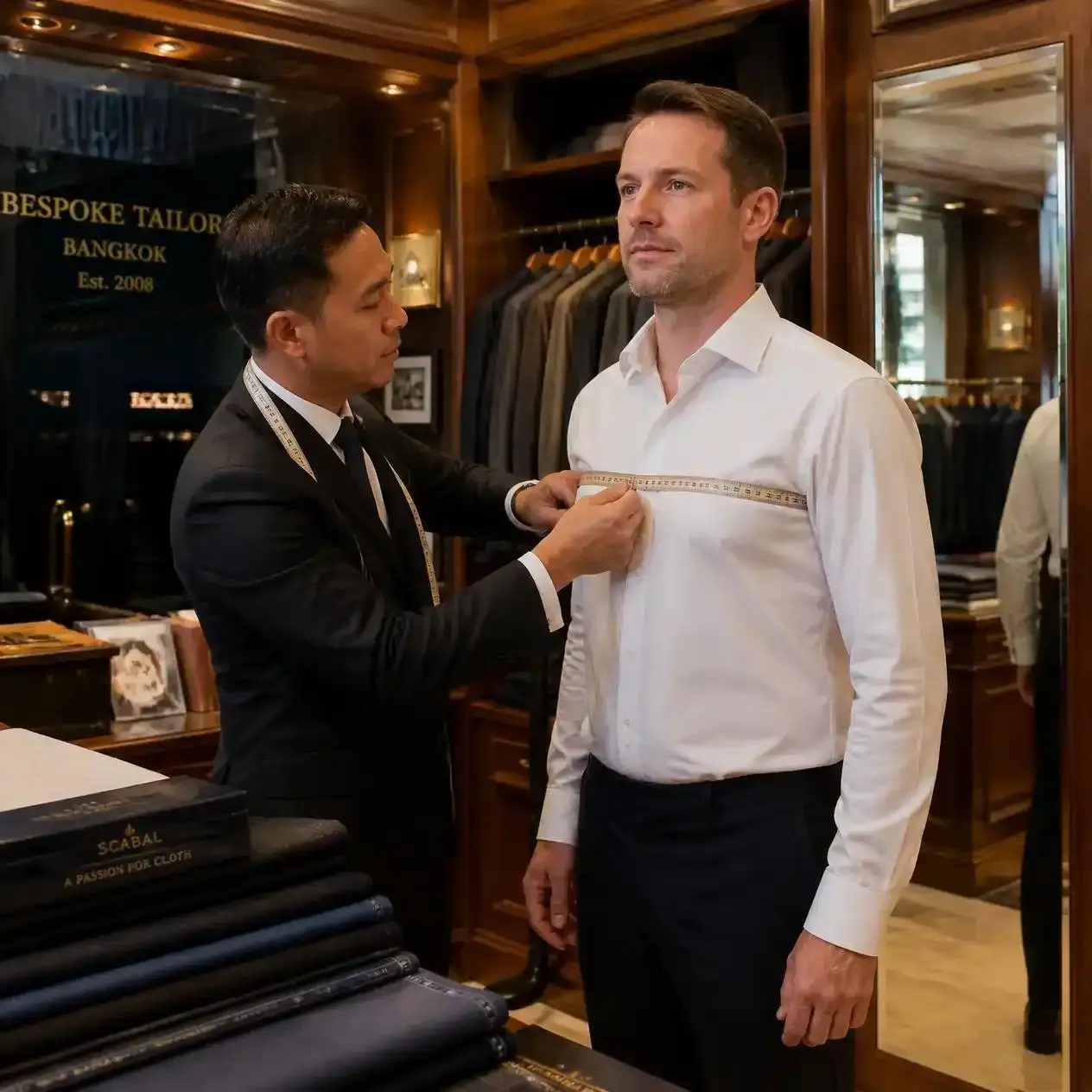 Tailor taking chest measurements over a canvas fitting jacket in a bespoke atelier in Bangkok