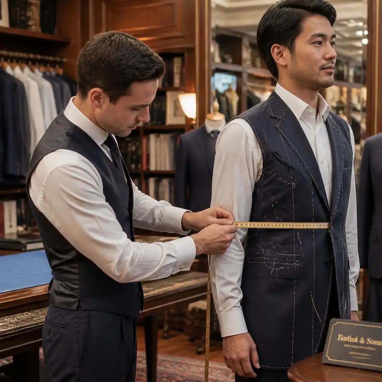 A tailor measuring a client's shoulder for a bespoke suit inside a Sukhumvit atelier in Bangkok