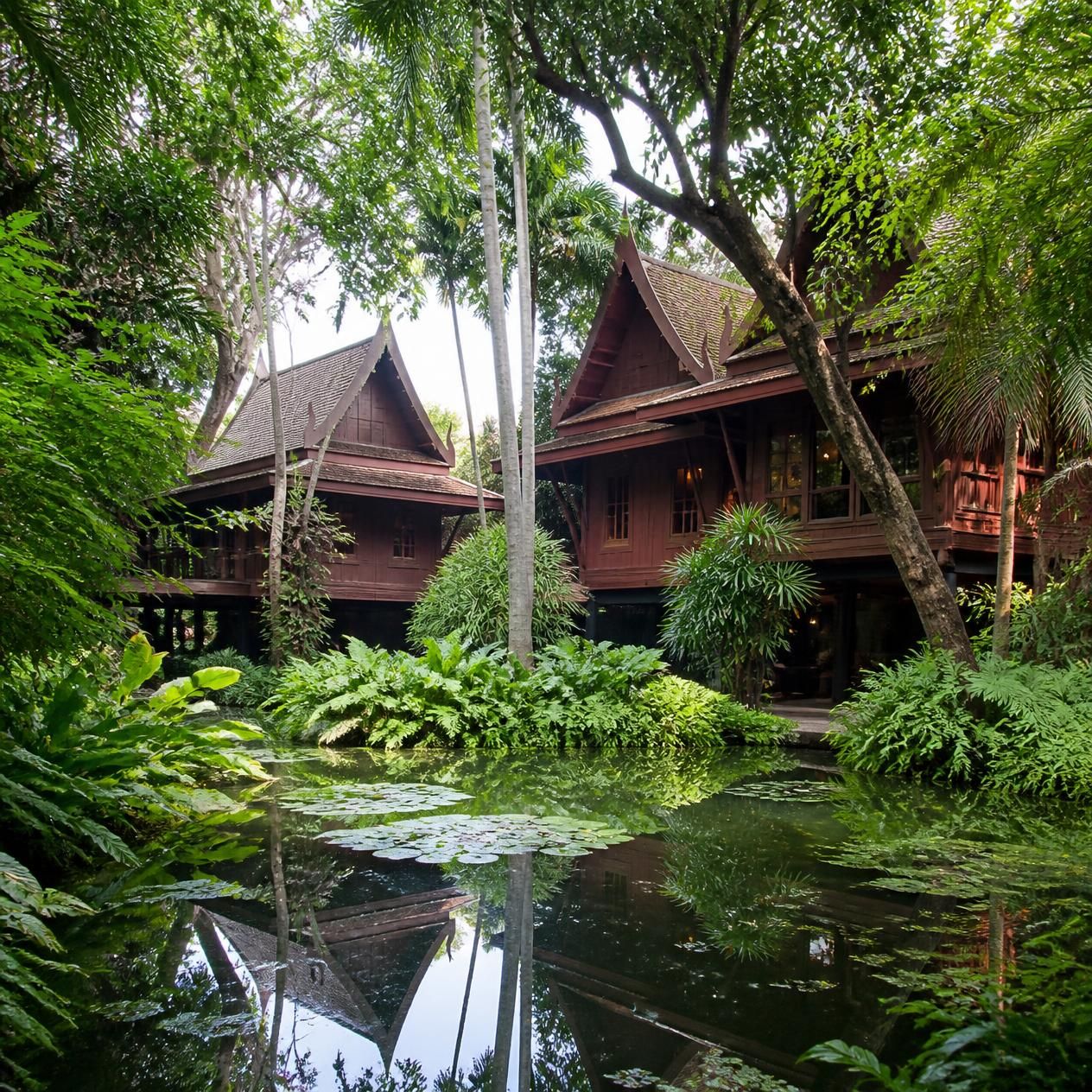 Dark teak Thai houses with steep tiled roofs reflected in a garden pond at the Jim Thompson House Bangkok
