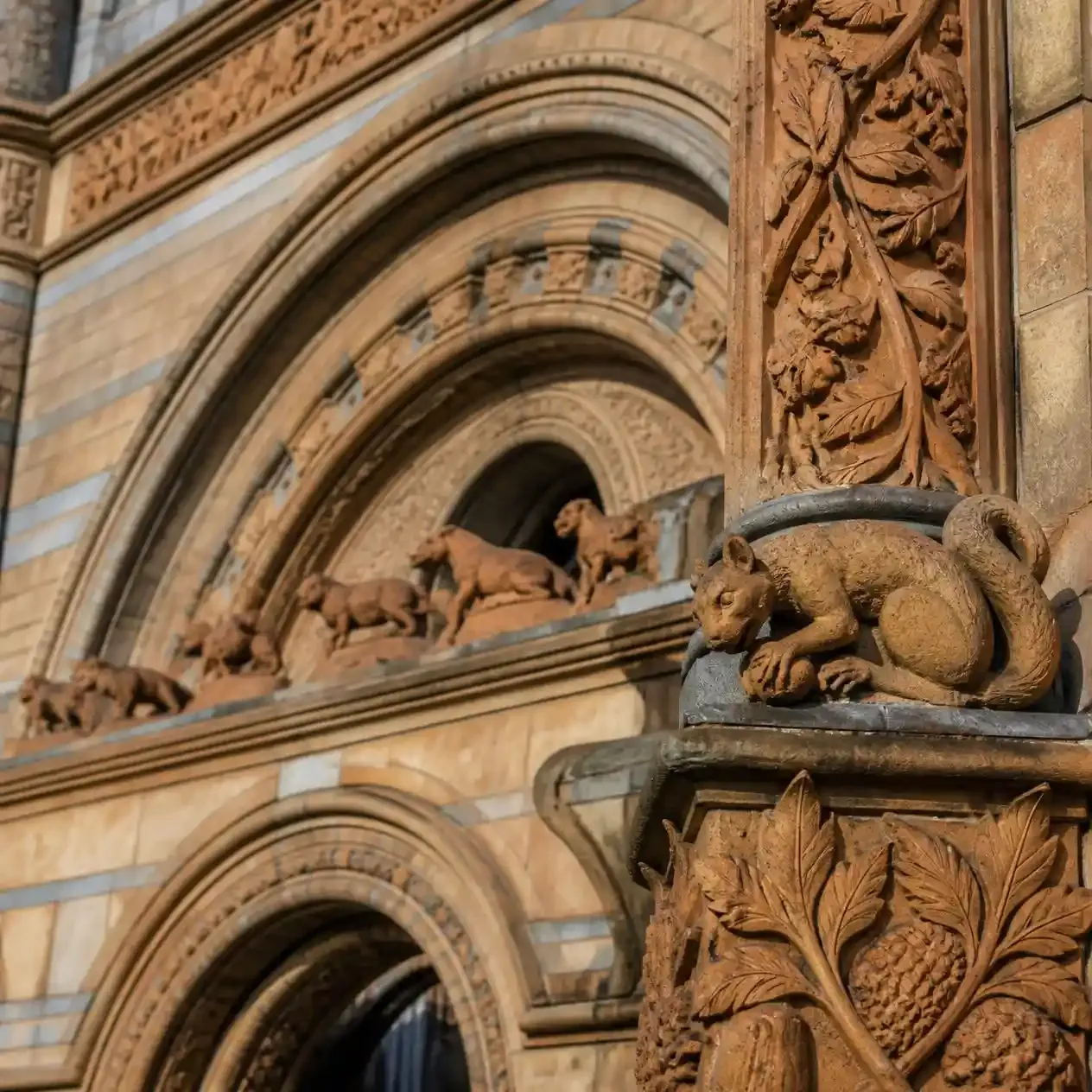 Terracotta animal carvings and banded Romanesque arches on Alfred Waterhouse's Natural History Museum building in London