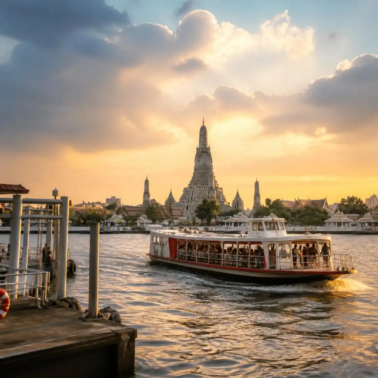 The cross-river ferry loading at Tha Tien pier with Wat Arun visible on the Thonburi bank of the Chao Phraya in Bangkok