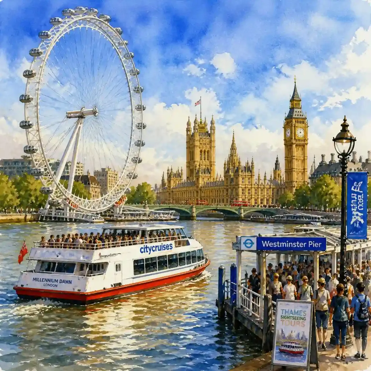 A Thames cruise boat departing Westminster Pier past the London Eye and Big Ben on the Westminster to Greenwich cruise