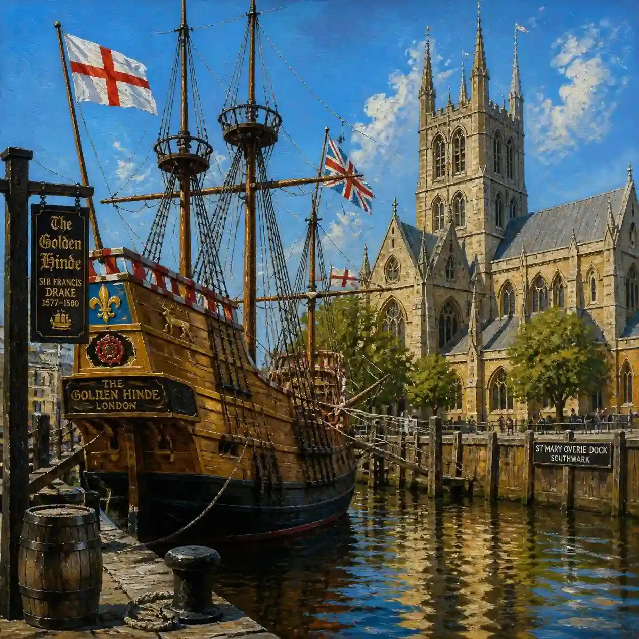 Full-scale Golden Hinde galleon reconstruction moored in St Mary Overie Dock near London Bridge