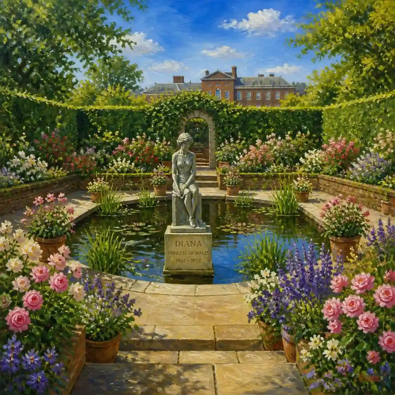 Sunken Garden at Kensington Palace with layered summer planting, reflecting pool and the Diana statue