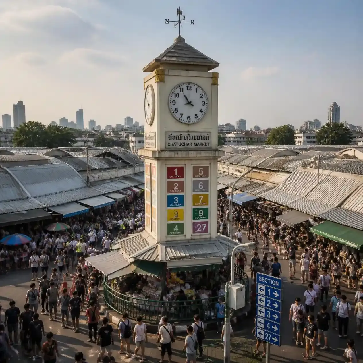 The central clock tower at Chatuchak Weekend Market in Bangkok surrounded by numbered section signage and shoppers