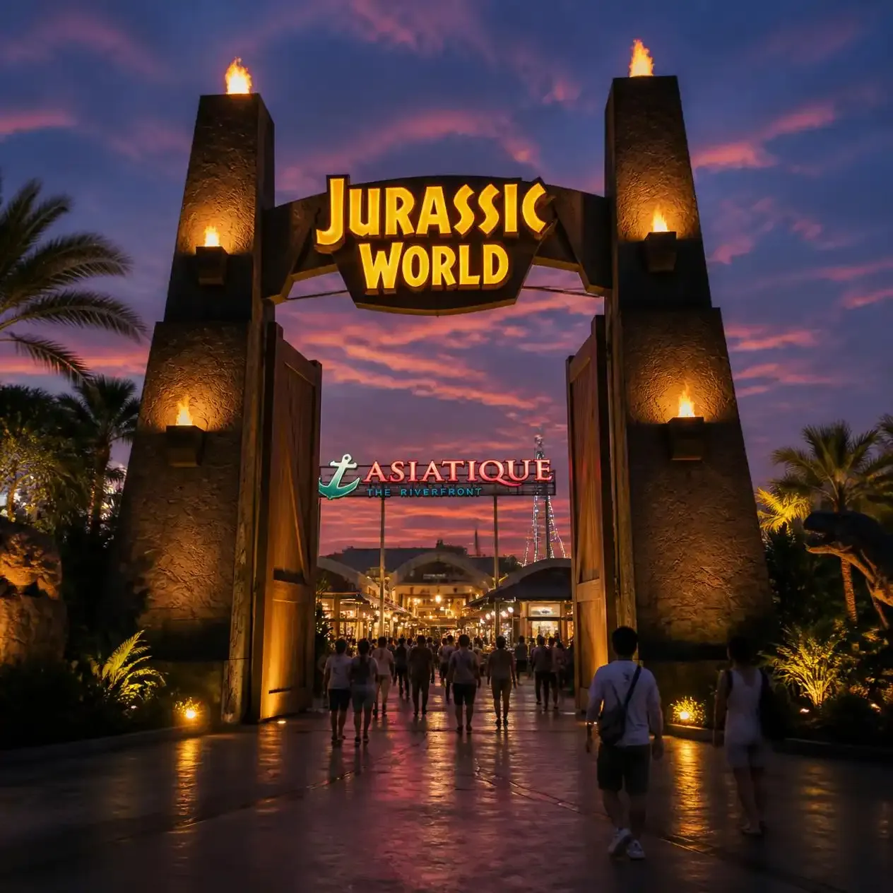 Illuminated Jurassic World gates at the Asiatique The Riverfront entrance in Bangkok at dusk