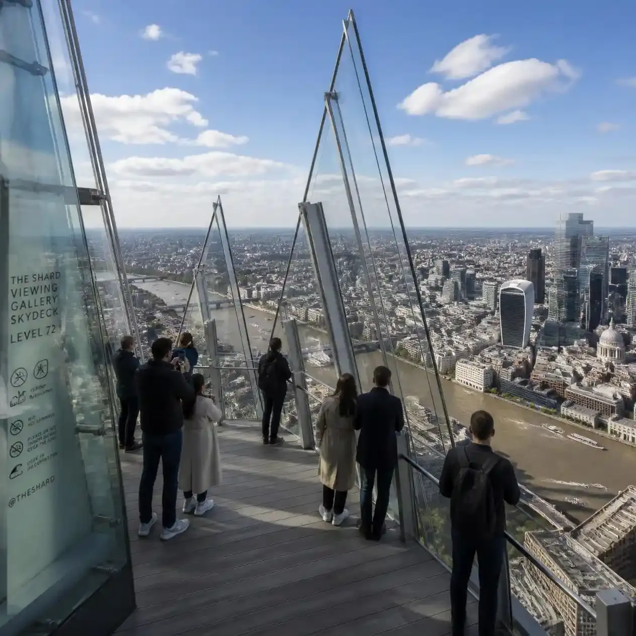 The open-air Skydeck on Level 72 of The Shard, with the angled glass shards framing the London skyline and the River Thames below