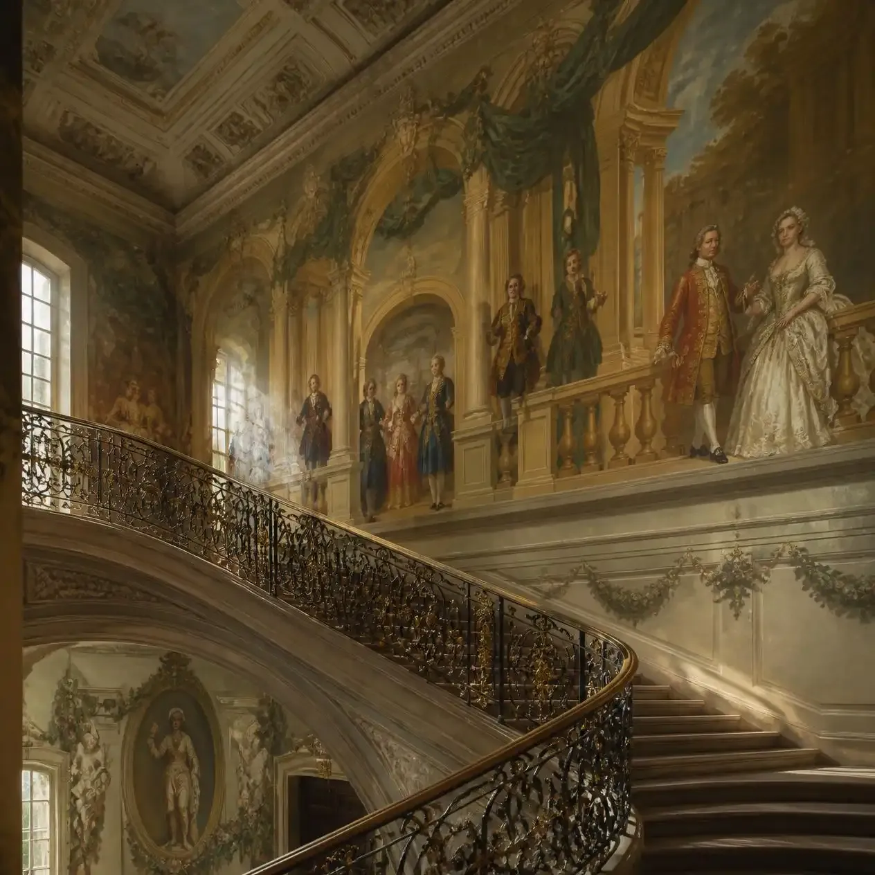 William Kent's painted King's Staircase inside Kensington Palace State Rooms with life-sized Georgian courtiers
