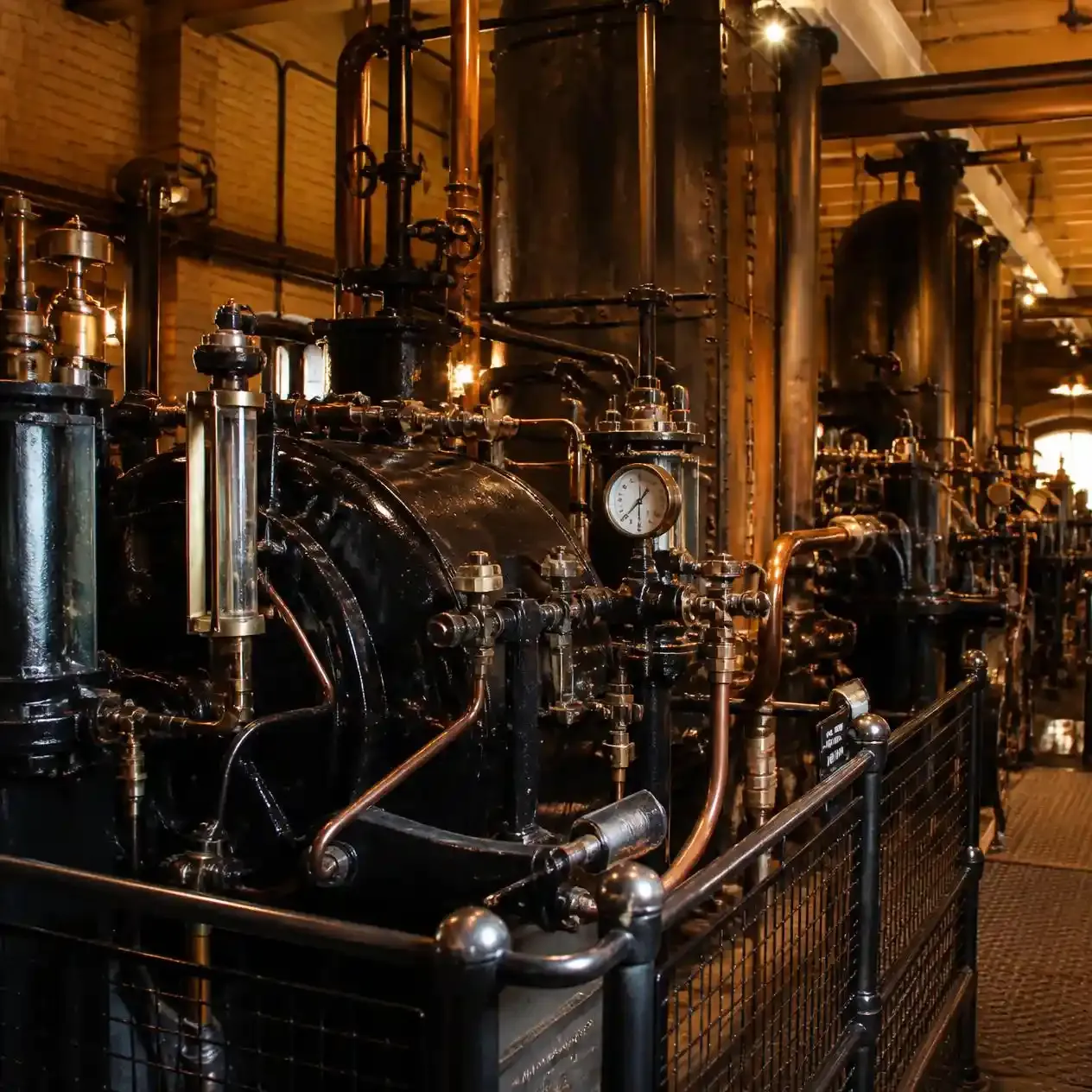 Preserved Victorian steam engines with polished green and brass machinery inside the Tower Bridge Engine Rooms in London