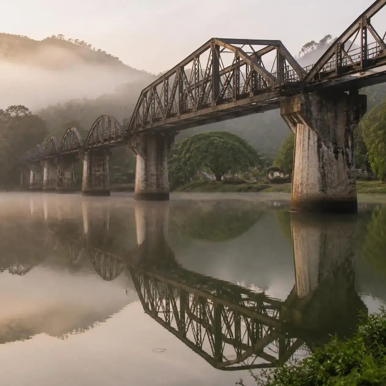 Steel truss and arch spans of the Bridge on the River Kwai crossing the Khwae Yai at Kanchanaburi, Thailand
