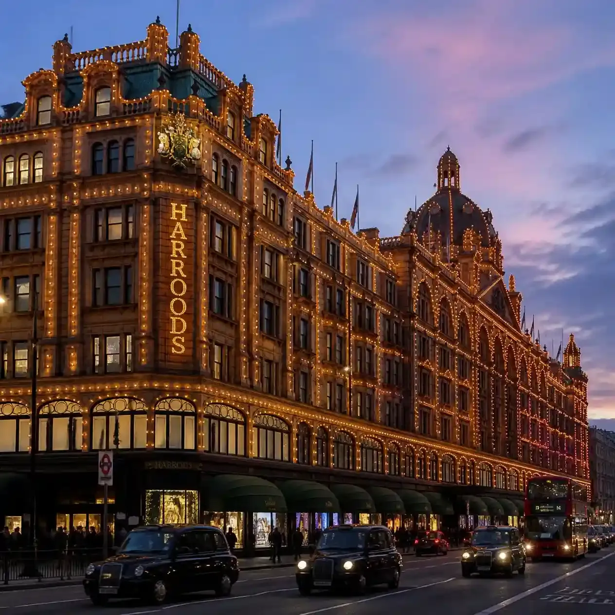 The illuminated terracotta facade of Harrods in Knightsbridge, London, at dusk — the view most people picture when visiting Harrods