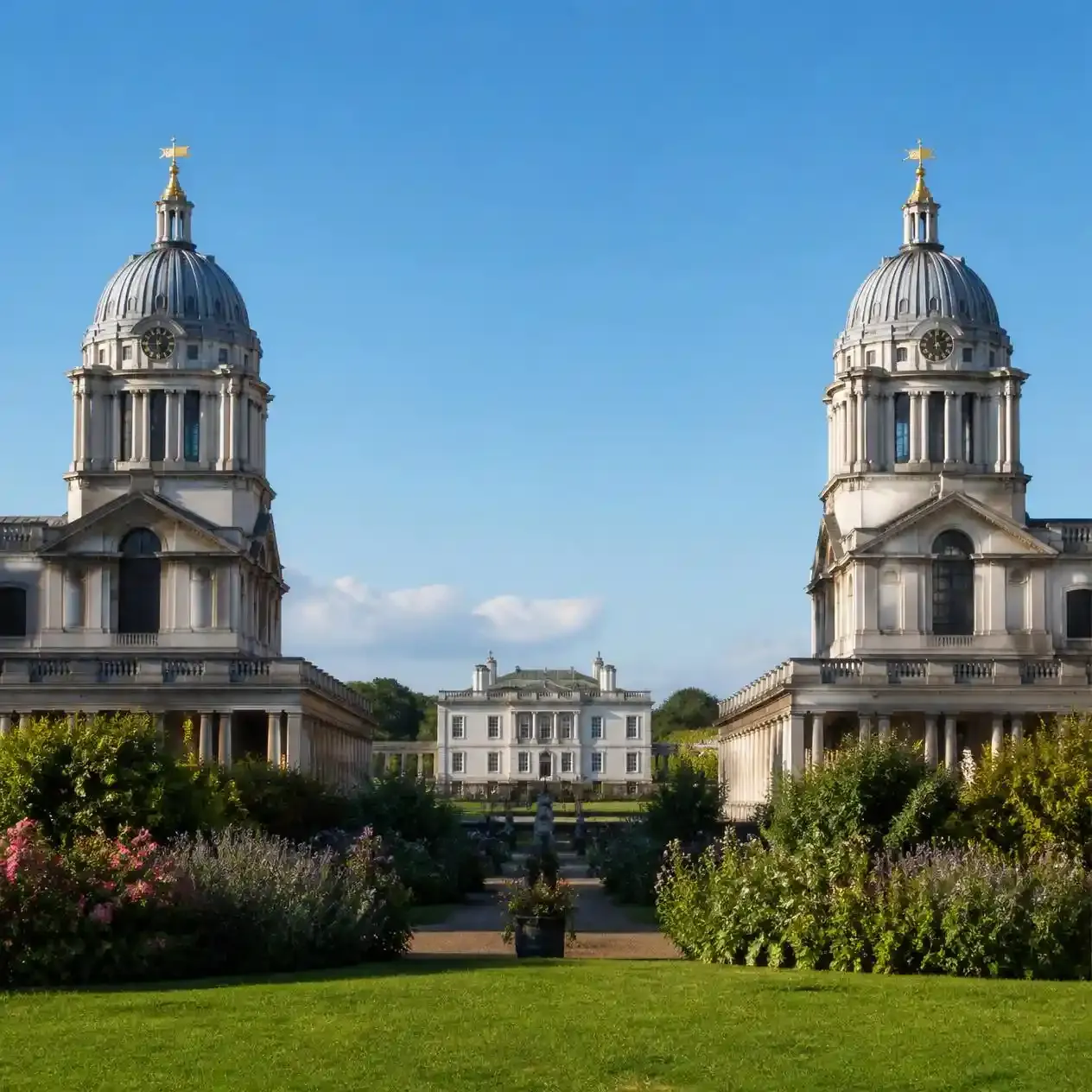 The Old Royal Naval College at Greenwich with the Queen's House framed between its twin domes on the Thames