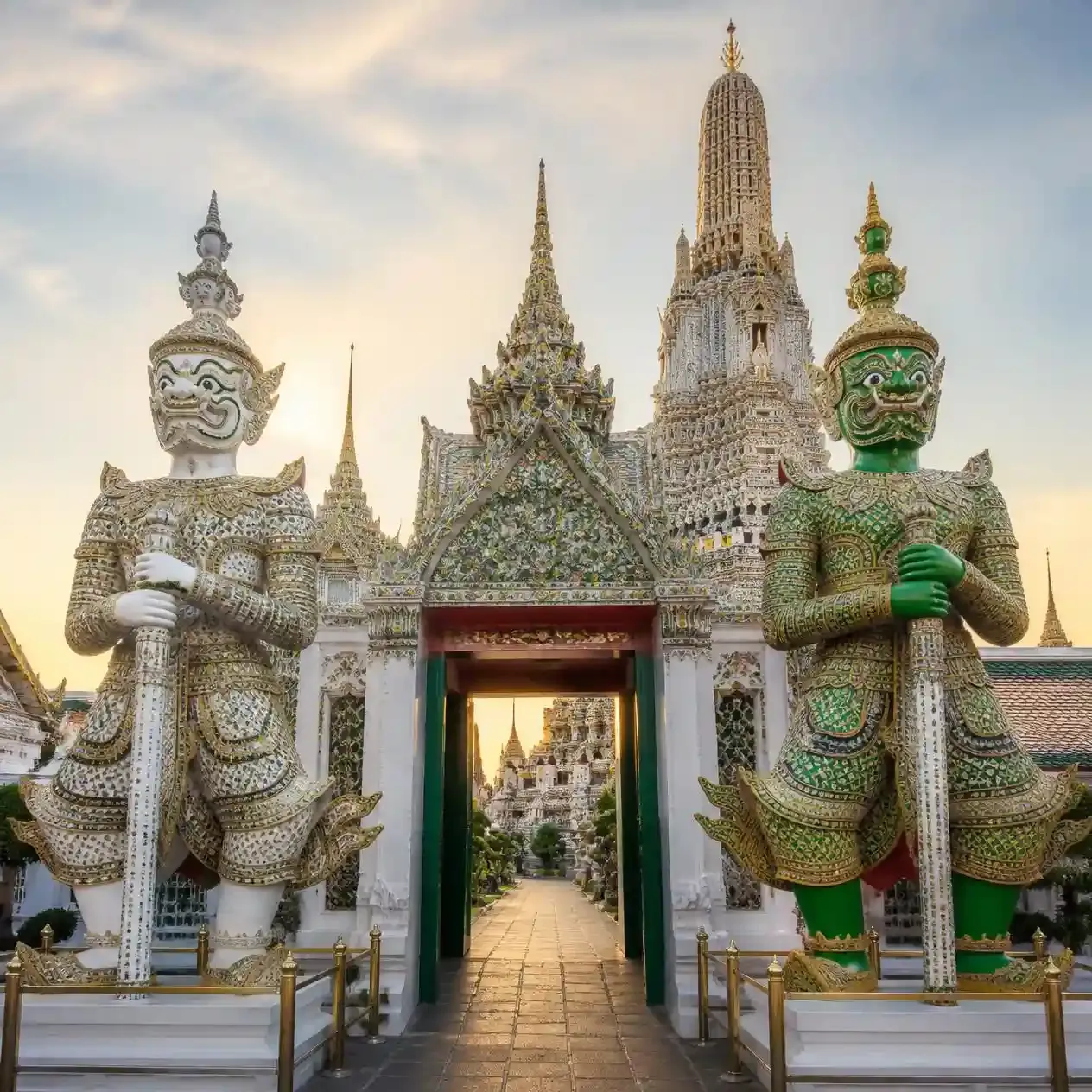 The white Sahassa Deja and green Thotsakan Yaksha guardian figures at the entrance to Wat Arun in Bangkok