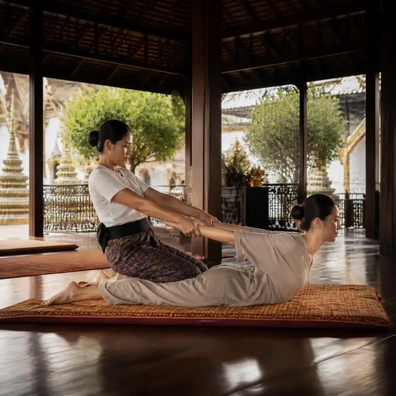 Therapists working on floor mats inside the traditional Thai massage pavilion on the grounds of Wat Pho in Bangkok