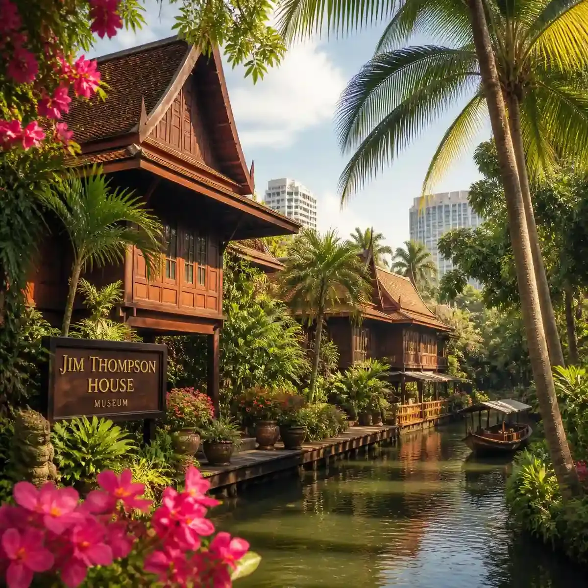 Teak houses and tropical garden courtyard at the Jim Thompson House museum beside a canal in central Bangkok