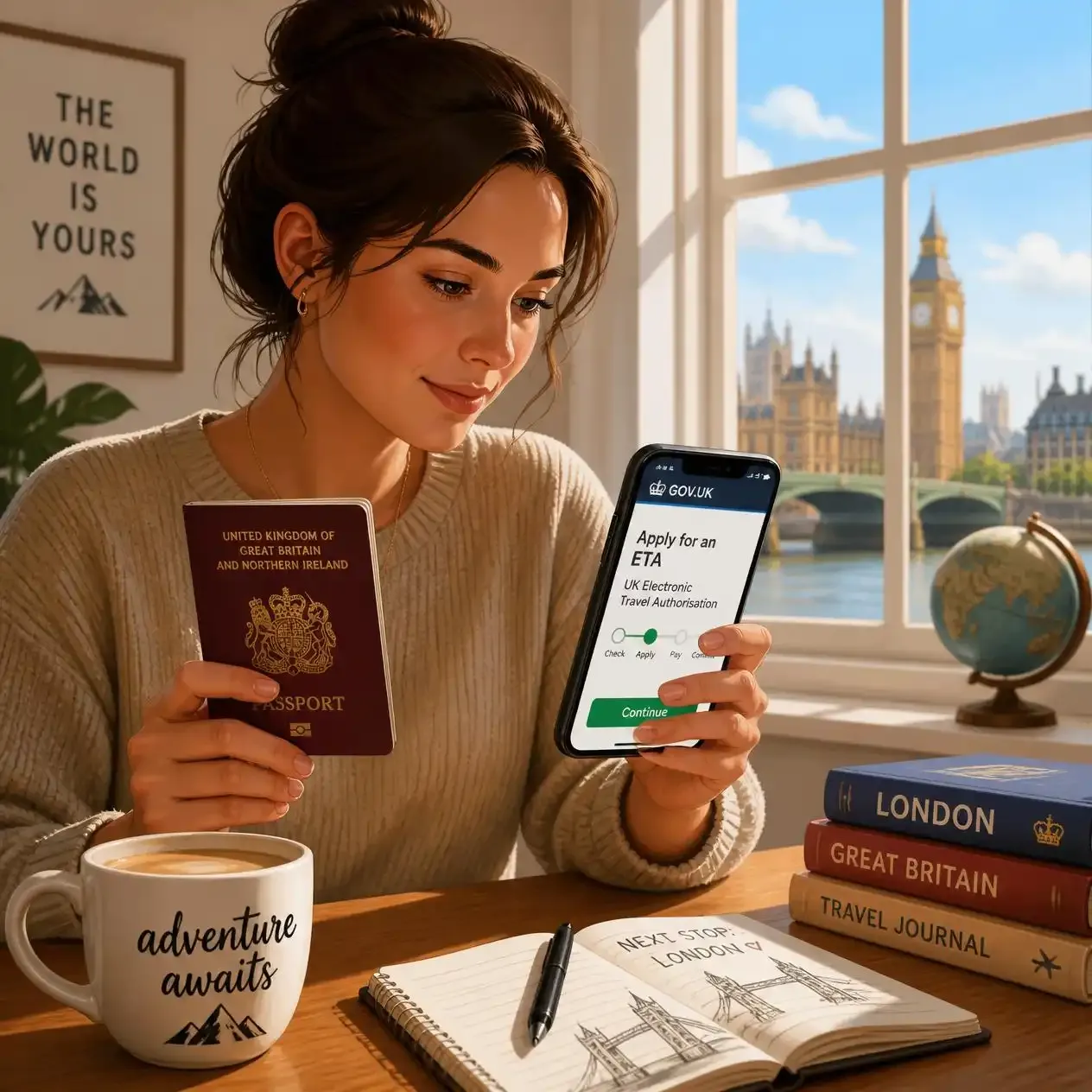 Traveller applying for the UK ETA on a smartphone while holding a passport, meeting the London entry requirements before flying
