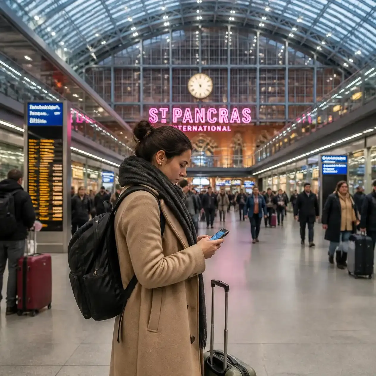 Tourist checking their phone for London internet options at St Pancras International station with luggage beside them
