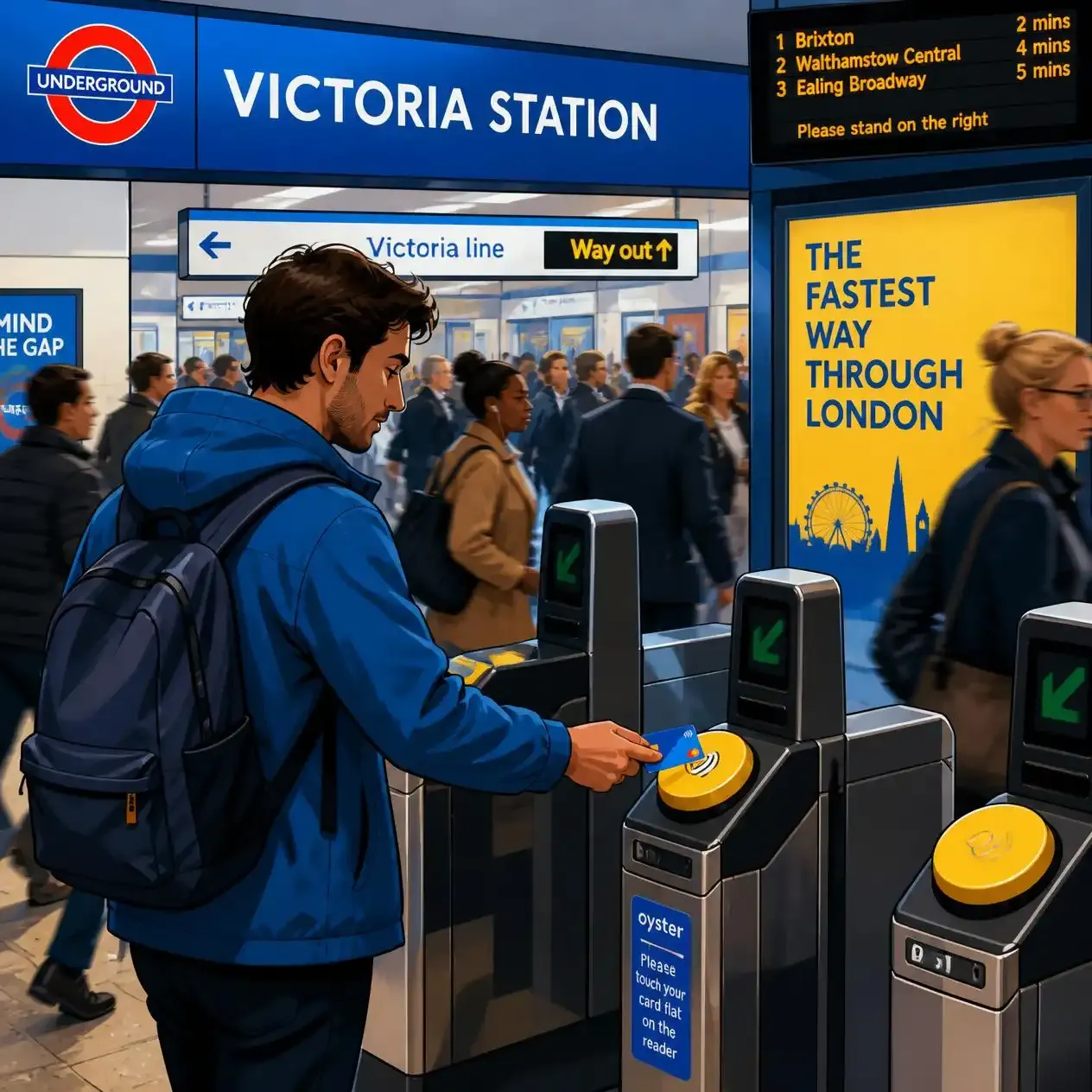 Commuter tapping a contactless card on the yellow Oyster card reader at a London Underground gateline