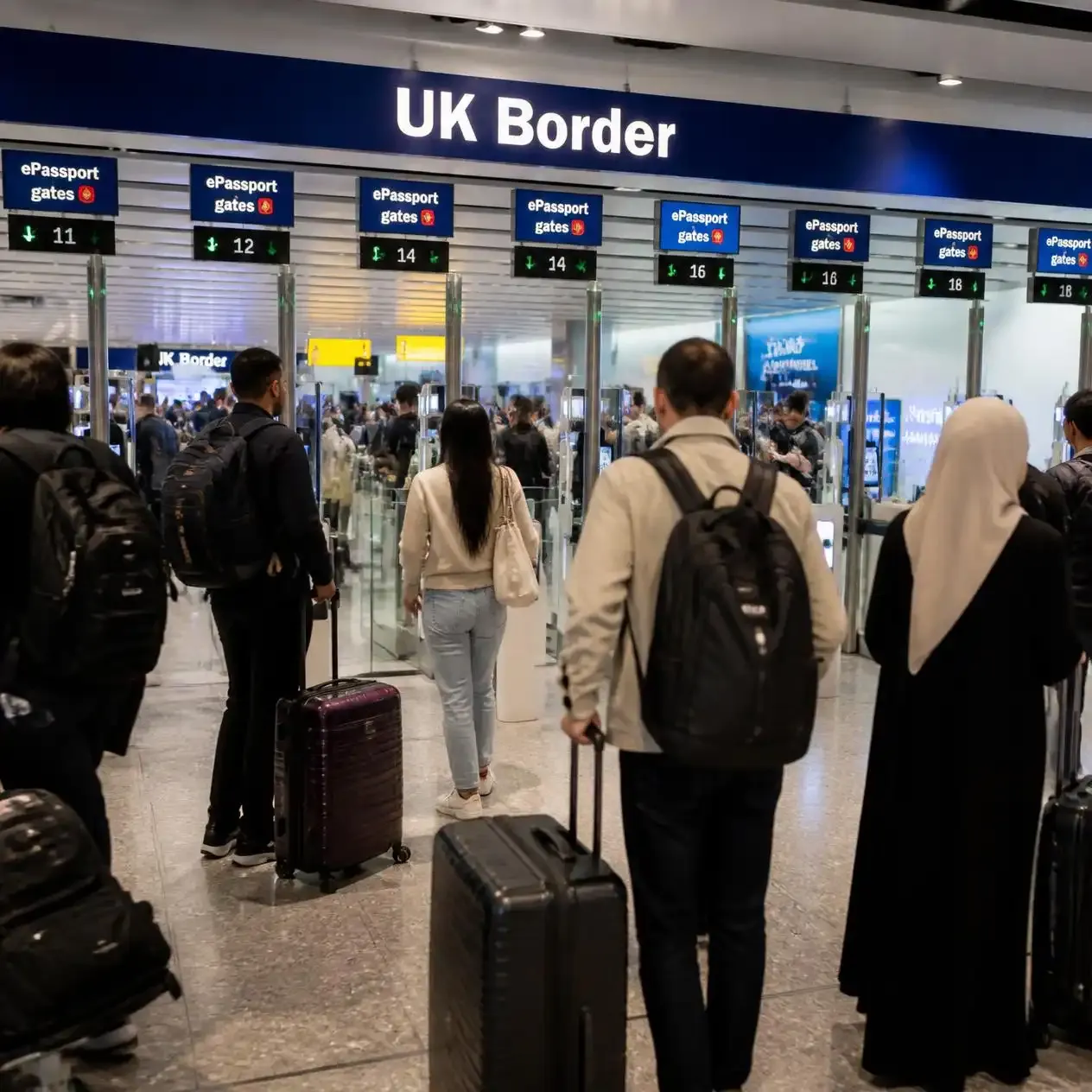 Travellers approaching UK Border eGates in a London airport arrivals hall, part of the London entry requirements at passport control