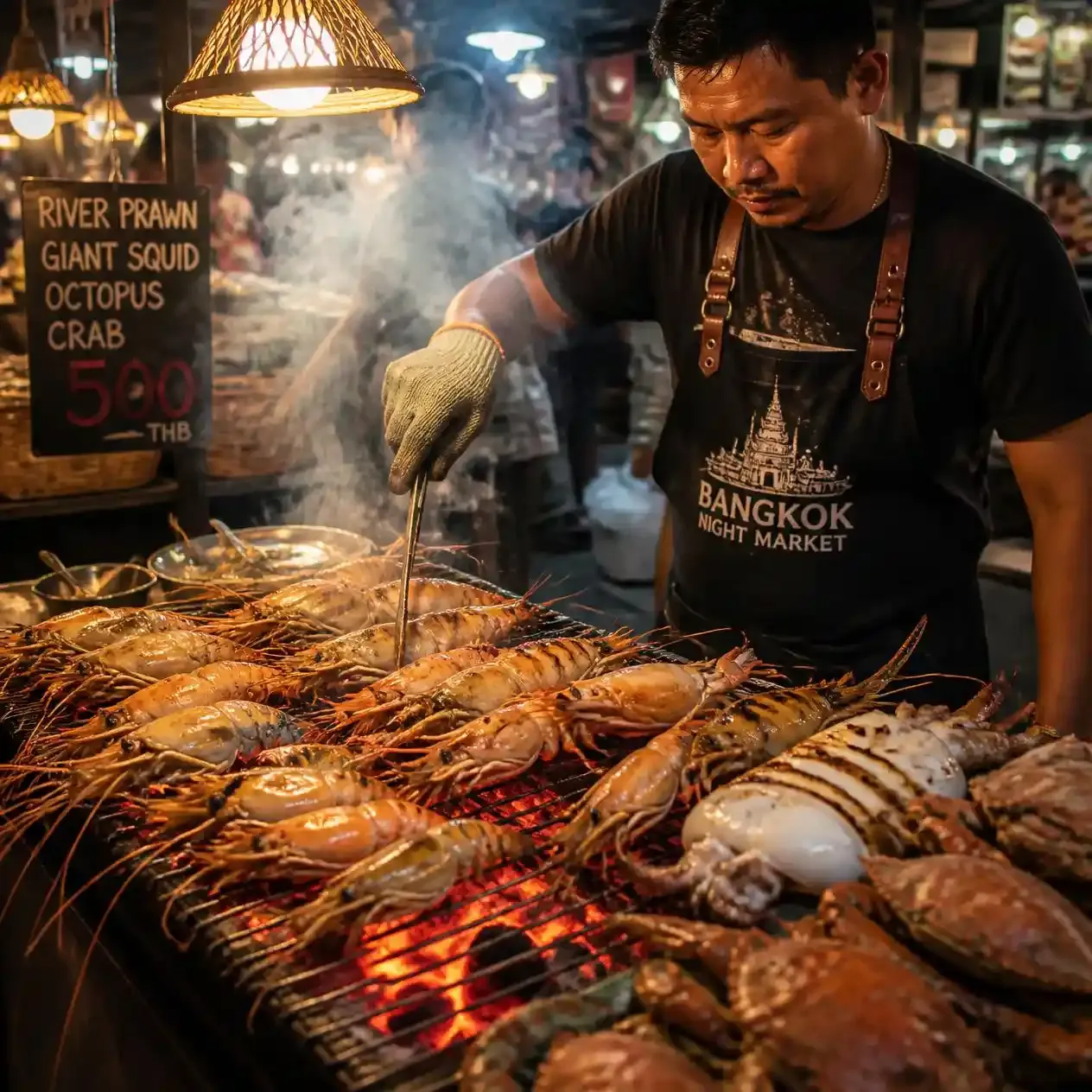 Vendor grilling river prawns over charcoal at a seafood stall inside a Bangkok night market