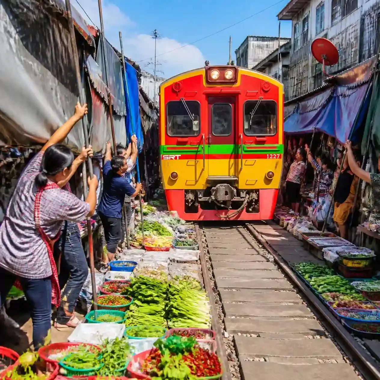 Vendors folding back awnings and produce as a train passes through the stalls at Maeklong railway market near Bangkok