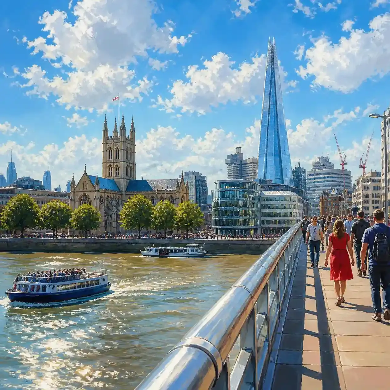 View from London Bridge over the River Thames towards Southwark Cathedral tower and The Shard in London
