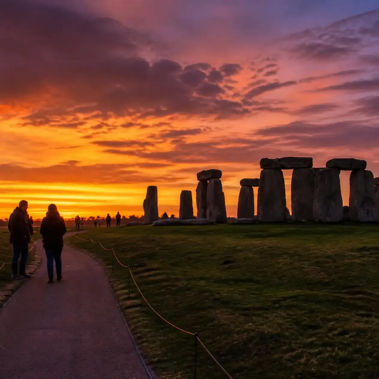 Visitors walking the perimeter path as the Stonehenge trilithons stand silhouetted against a dusk sky