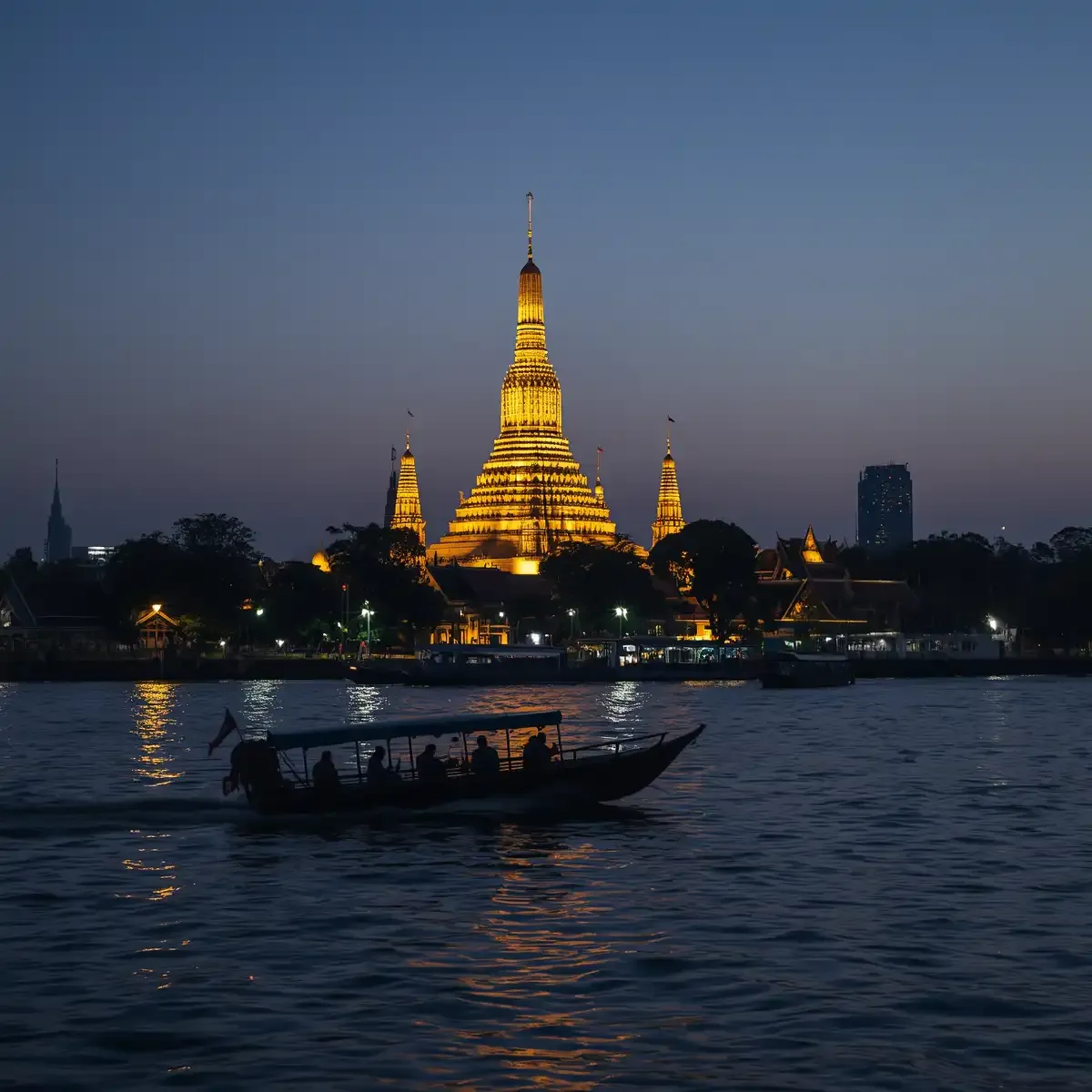 Wat Arun temple illuminated at dusk on the Chao Phraya River in Bangkok with a longtail boat passing in the foreground