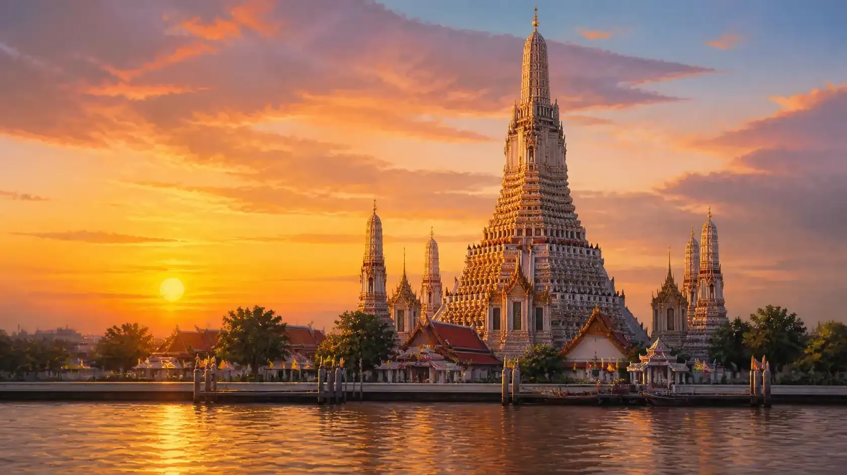 The porcelain-covered central prang of Wat Arun rising above the Chao Phraya River at sunset in Bangkok
